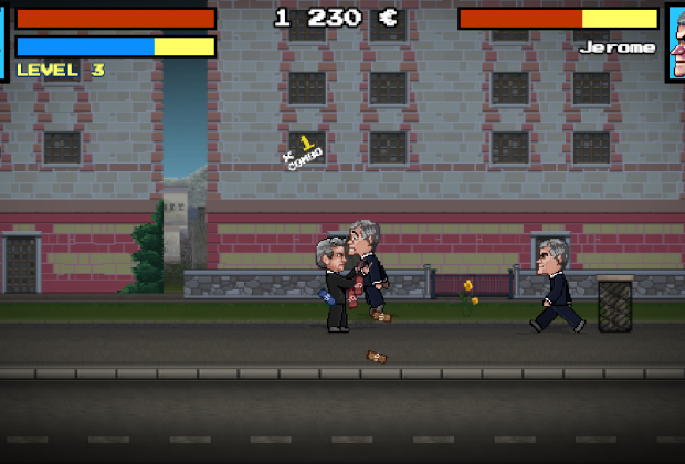 Jean-Luc Mélenchon en train de secouer Jérôme dans le jeu Fiscal Kombat.