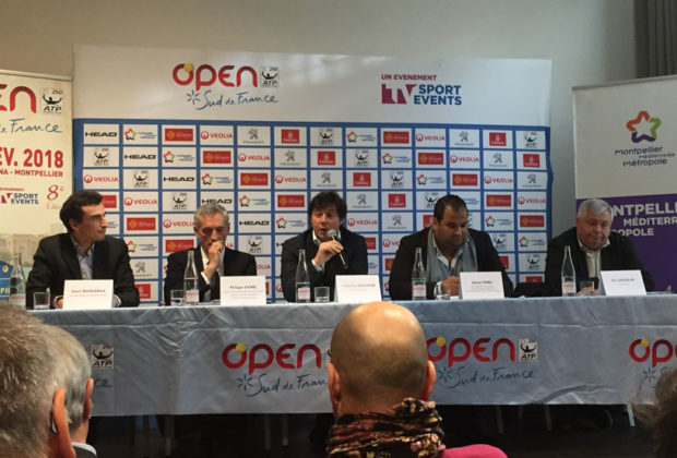 Sébastien Grosjean, entouré de Philippe Saurel et Kamel Chibli, lors de la présentation officielle du 8ème Open Sud de France. C.P : F.A