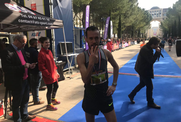 Alaa Hrioued à l’arrivée du marathon de Montpellier. Une troisième victoire consécutive et un nouveau record.